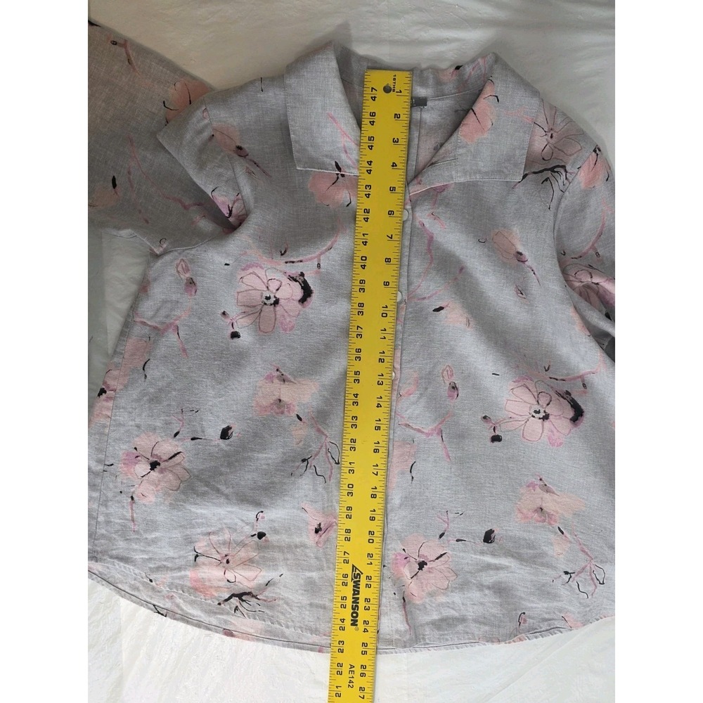Habitat Button Up L Heavier Weight Linen Gray Pink Floral Resort Dressy Feminine - Picture 5 of 9